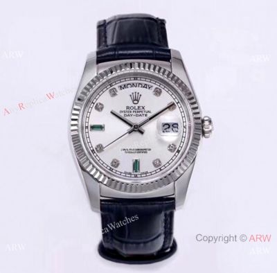 TR Factory V3 Copy Rolex Ruby Day-Date Blue Leather Strap Green Diamond Watch Swiss 2836-2